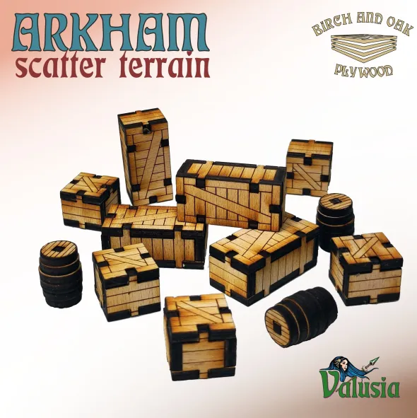 Décors Arkham (caisses et tonneaux)