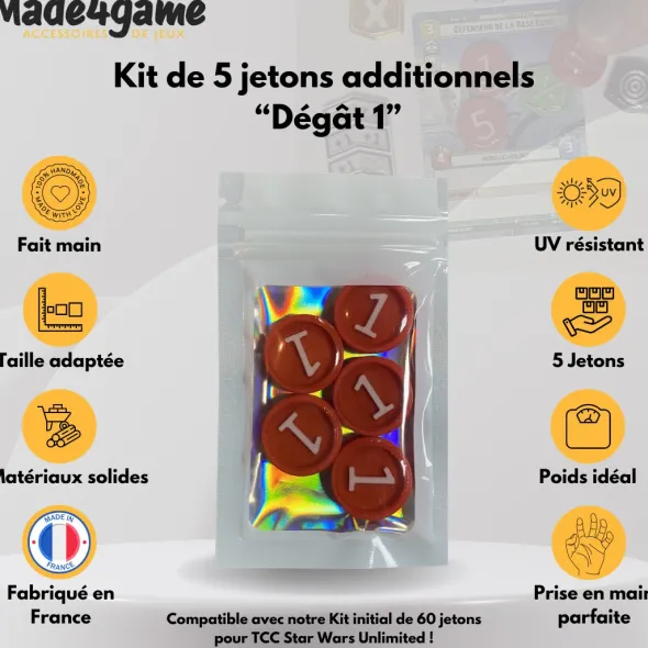 Kit de 5 jetons "dégât 1" additionnels compatible Star Wars Unlimited