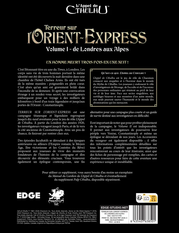 L'Appel de Cthulhu - Terreur sur l’Orient-Express, Vol.1 : De Londres aux Alpes