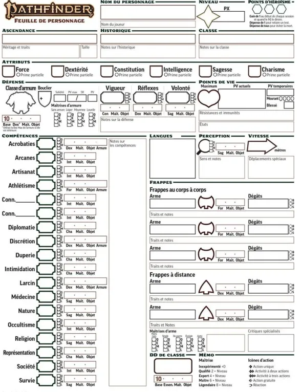 Pathfinder 2 - Bloc de fiches de personnages vierges (Remaster)