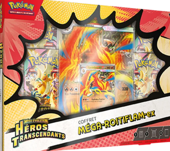 Pokémon : Coffrets Méga-Évolution Héros Transcendants – Méga‑Roitiflam‑ex