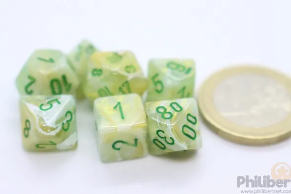 Set de 7 Mini Dés JDR Chessex : Marble Green / Dark Green