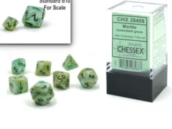 Set de 7 Mini Dés JDR Chessex : Marble Green / Dark Green