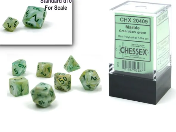 Set de 7 Mini Dés JDR Chessex : Marble Green / Dark Green